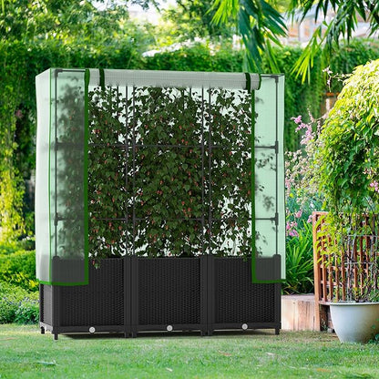 Onelike 48'' x 16'' x 55.5'' Plastic Raised Garden Bed with Greenhouse Cover and Trellis, Vertical Tomato Planters for Climbing Plants, Self Watering System Tomatoes Cage for Patio,Black,Large