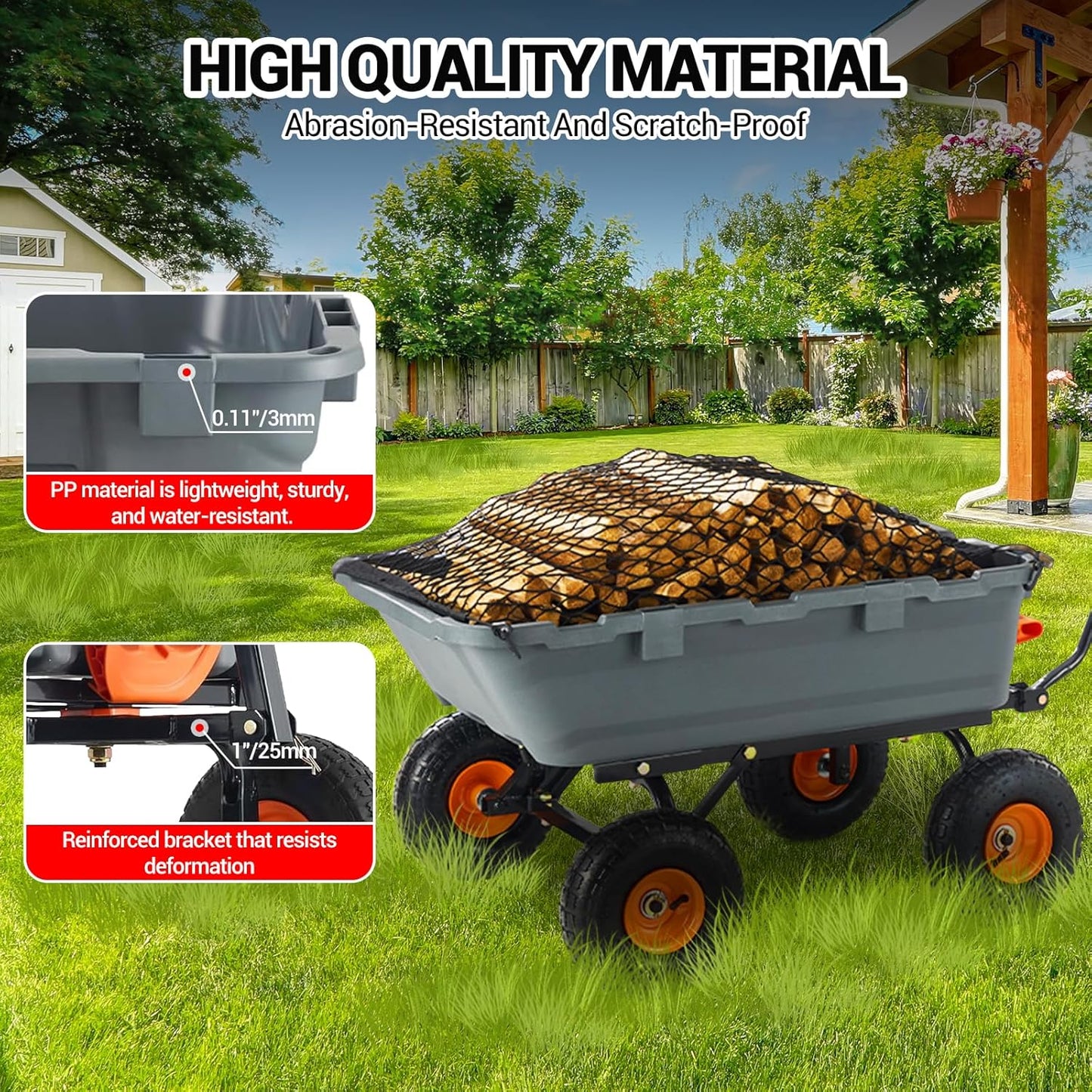 800 Lbs Garden Dump Carts, Heavy Duty Yard Cart, 4 Wheel Wheelbarrow with 10in Tires, Steel Frame and Quick Release System for Plants, Soil, Sand, in Courtyard, Beach, Farm(Gray)
