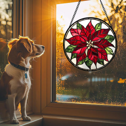 Stained Glass Window Hanging - Red Poinsettia Birth Flower Suncatcher for Door Garden Yard Sun Catchers Decor Christmas Mother's Day Birthday Gifts for Women Mom Nana Friend Men 11.8 in