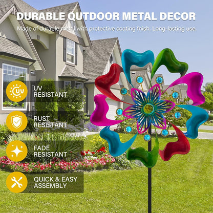 45" Flowers Wind Spinners for Yard and Garden, Sapphire Colored Leaves Kinetic Wind Spinner Outdoor Decor, Wind Sculpture Yard Art Decorations for Patio, Lawn & Garden