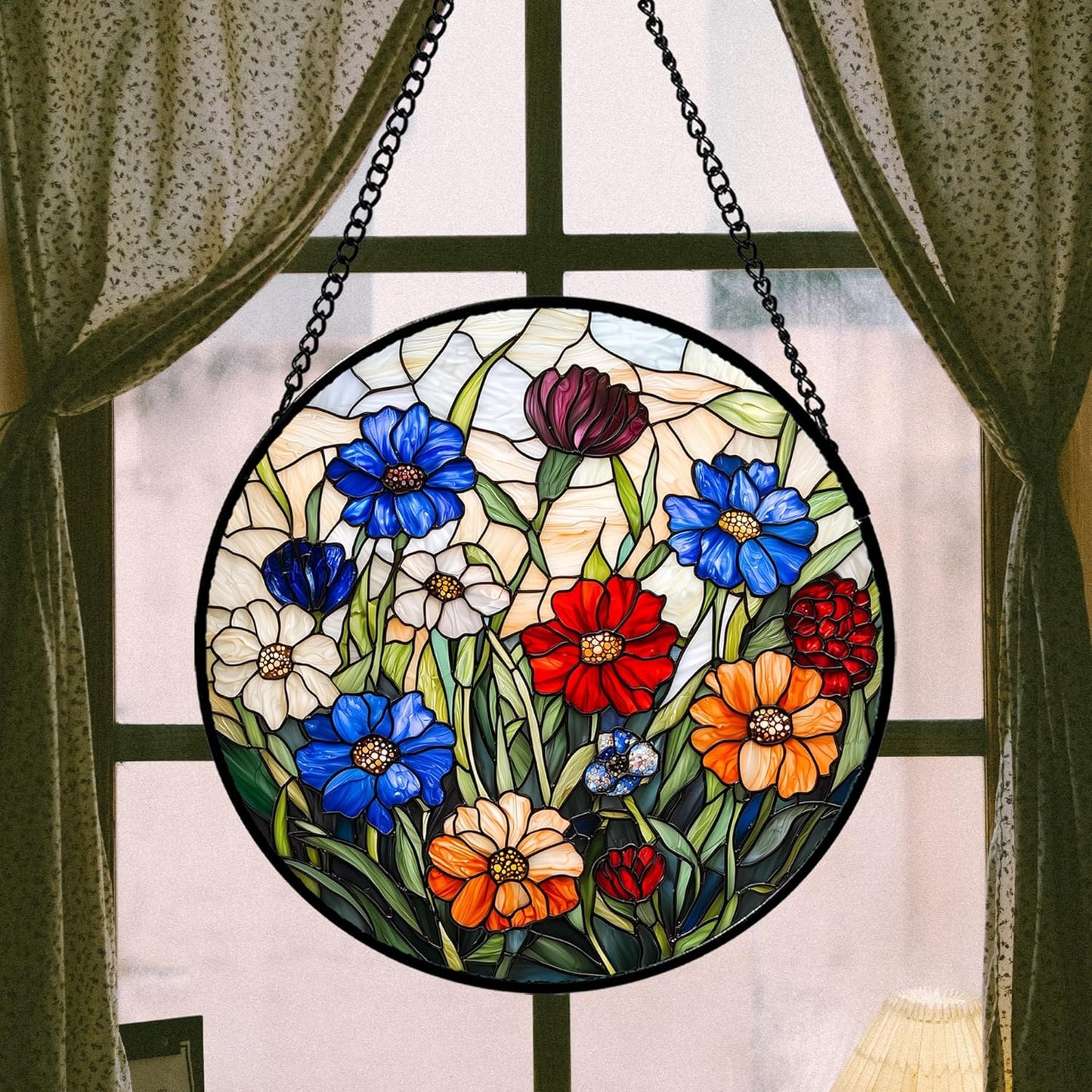 Stained Glass Suncatcher, Colorful Flowers Green Leaf Sun Catcher Landscape Stain Glass Window Hanging Decoration Mother's Day Birthday Gifts for Women Men Mom Nana 6.3 in