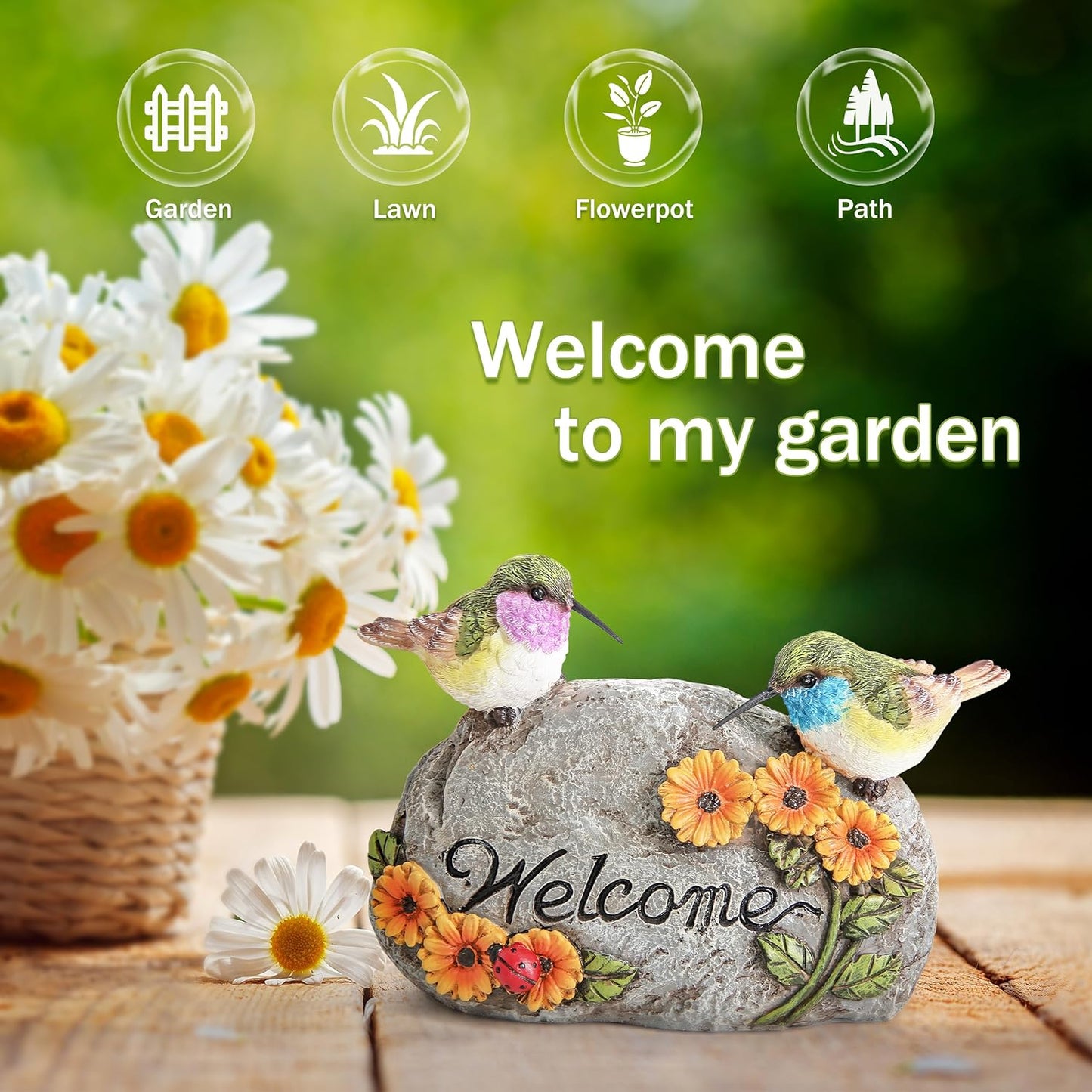 Garden Decor for Hummingbird Statue,Bird Figurines Welcome Sign for Outdoor Decorations,Bird Outdoor Statues Gifts for Lovers Women,Hummingbird Garden Art for Patio Yard Lawn Home Shelf Decor Accent