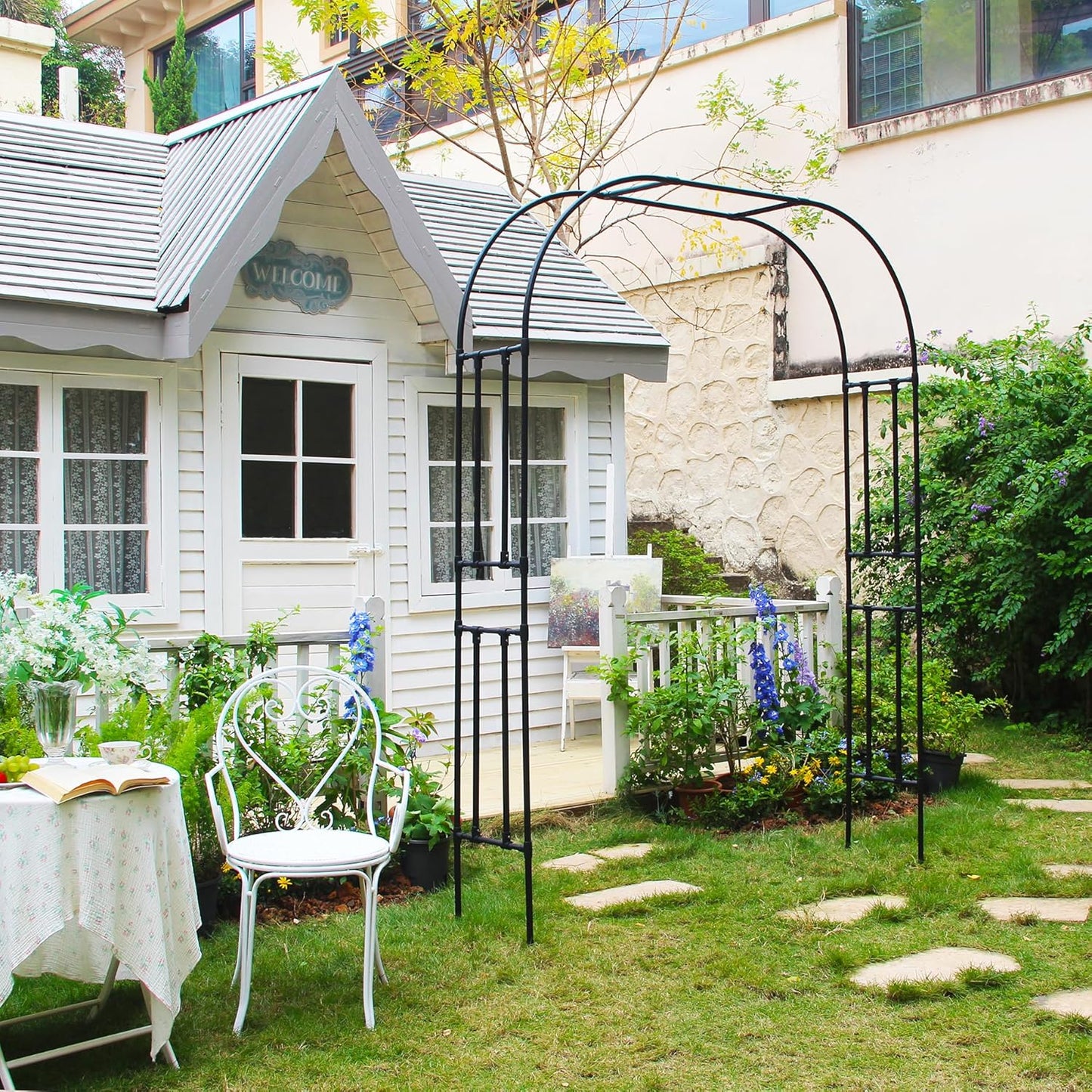 7.9 Ft H x 5.9 Ft W Garden Arch for Climbing Vines Lightweight Metal+PE Coated Arbor Archway Trellis Flower Frame Plants Vine Frame Rose Support Outdoor Easy to Assemble, Black