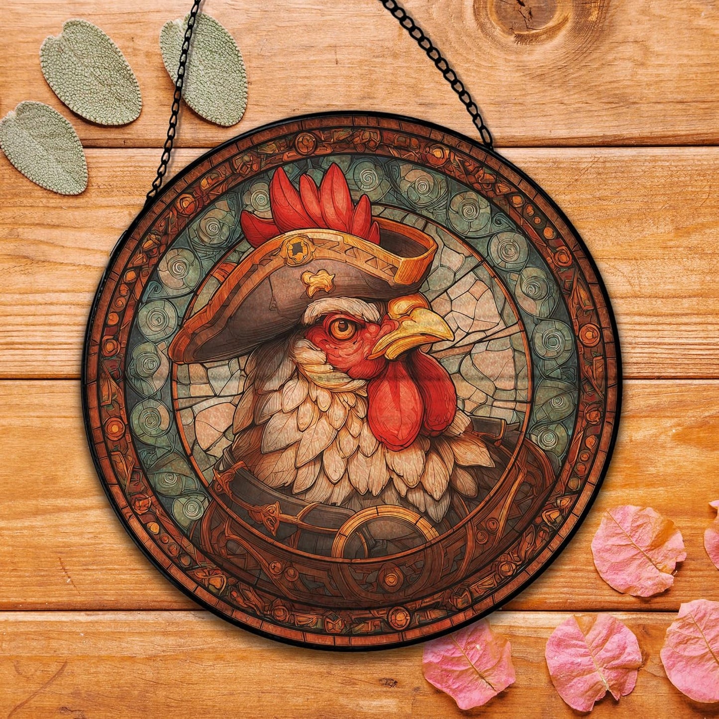 Chicken Suncatcher Stained Glass Garden Window Hanging, Vintage Rooster Sun Catchers Indoor Window Glass Round Wall Decor, Chicken Wall Art Hanging Decorations, ＂7.8x7.8＂