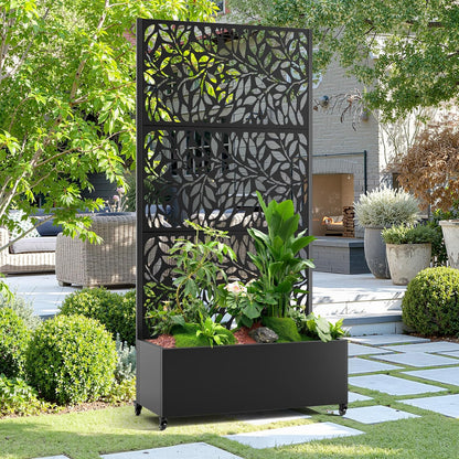 15.7"×70.9"×35.4" Metal Raised Garden Bed with Trellis and Wheels - Tall Trellis Planter Box for Climbing Plants, Vegetables & Vines - Outdoor Privacy Planters for Patio (Black)