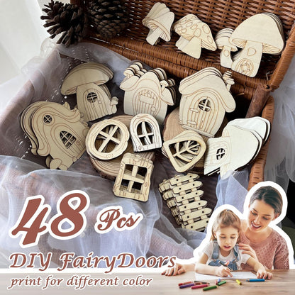 48 Pcs Fairy Door & Window Craft Kit - Wooden Garden Doors, Mini Fences, Unpainted Miniature Accessories for Home Party Event Decor - DIY Fairy House Decorations