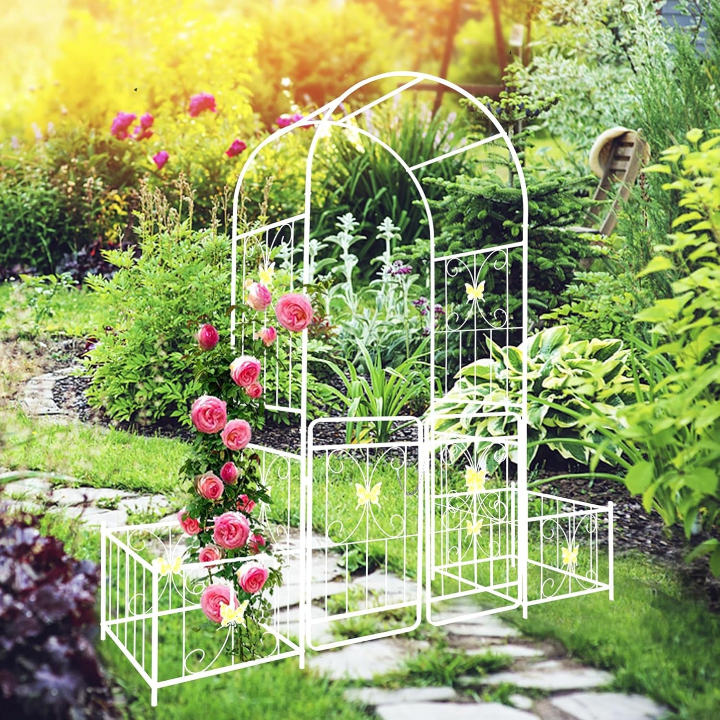 Metal Garden Arbor Arch with Gate and Plant Box, 86.6" H Heavy Duty Garden Trellis with Butterfly Decor for Outdoor Climbing Plants Support, Cream White