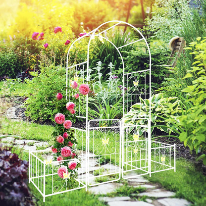 Metal Garden Arbor Arch with Gate and Plant Box, 86.6" H Heavy Duty Garden Trellis with Butterfly Decor for Outdoor Climbing Plants Support, Cream White