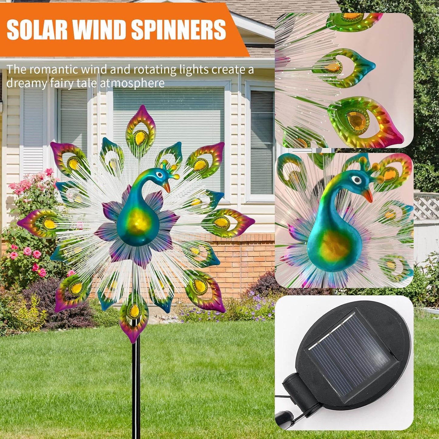 45" Peacock Garden Wind Spinners - Solar Metal Clearance Windmill Kinetic Wind Spinner Outdoor Decor, Wind Sculpture Yard Art for Patio & Lawn