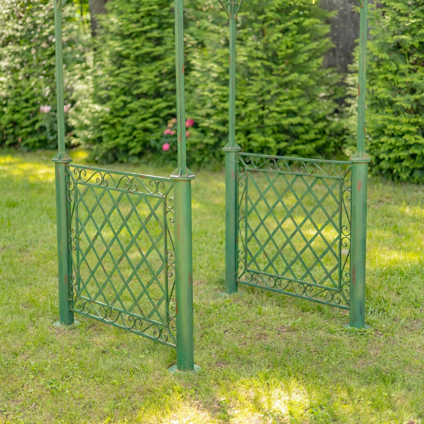 9.5ft T Iron Garden Arch with Embellished Trellis London 1820" (Antique Green)