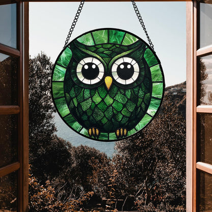 Stained Glass Window Hanging - Green Owl Suncatcher for Doors Garden Patio Funny Bird Sun Catchers Decor Christmas Mother's Day Birthday Teenager Gifts for Women Men Mom Nana Friend 11.8 in