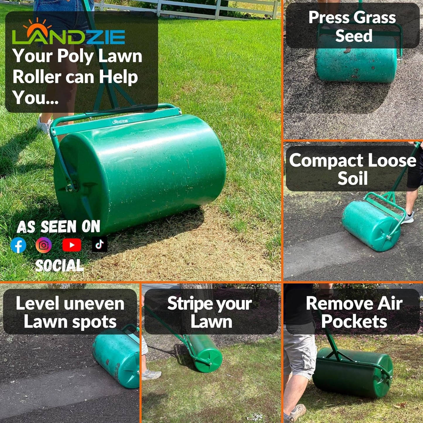 LANDZIE 24 Inch Poly Lawn Roller - 15.8 Gallon Lawn Roller Water Filled Sod Roller and Yard Roller for Pressing in Grass Seed to Improve Germination - Lawn Flattener for Rolls of Sod Lawn Striping Kit