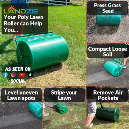 LANDZIE 24 Inch Poly Lawn Roller - 15.8 Gallon Lawn Roller Water Filled Sod Roller and Yard Roller for Pressing in Grass Seed to Improve Germination - Lawn Flattener for Rolls of Sod Lawn Striping Kit