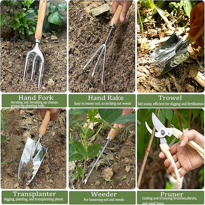 Garden Tool Set, Beswill 12 Pieces Heavy Duty Gardening Hand Tools with Garden Tools Organizer Handbag, Apron, Rust-Proof Stainless Steel Gardening Kit, Wood Handle, Ideal Garden Gifts for Women Men