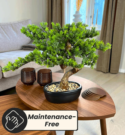 Artificial Bonsai Tree 16" Tall with Realistic Wood and Ceramic Pot Fake Plants Cypress Juniper Pine Zen Faux Plants for Home Bedroom Office Bathroom Japanese Decor