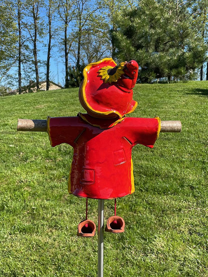 Ceramic Garden Decor - Scarecrow Lawn stake, red - Outdoor statue - Perfect, unique gifts for gardeners woman, men, yard gifts - Handmade, Frostproof