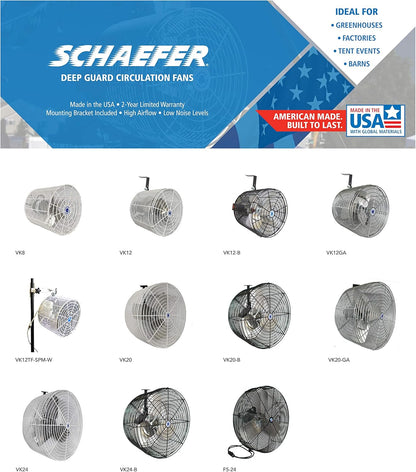 Schaefer VK24 Versa-Kool Deep Guard Greenhouse Air Circulation Fan - 24”HAF Wall Mount Fan w/T-shape Mount - Made in USA - 1/2 HP, 7860CFM - White