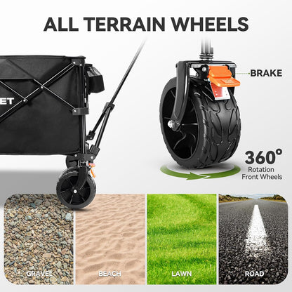TECKNET Collapsible Foldable Wagon Cart, 150kg/330Lbs Weight Heavy Duty Folding Wagon with All-Terrain Big Wheels, Utility Wagon with Side Pocket for Grocery, Shopping, Sports, Garden, Camping