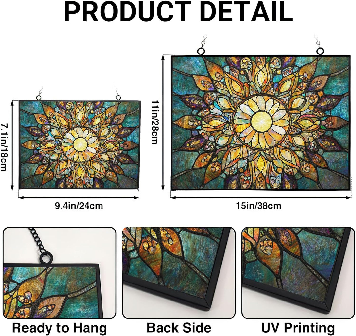 Customized Rectangle Boho Mandala Sunburst Stained Glass Suncatcher Window Hangings, Stained Glass Panel Sun Catchers Gifts Home Decor Garden Christmas Halloween Wedding