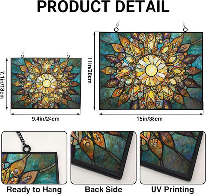 Customized Rectangle Boho Mandala Sunburst Stained Glass Suncatcher Window Hangings, Stained Glass Panel Sun Catchers Gifts Home Decor Garden Christmas Halloween Wedding