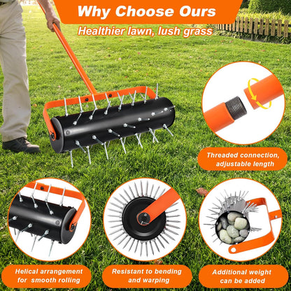 Rolling Lawn Aerator, Heavy Duty Hand Manual Spike Roller with 42 Spikes, Aerator Tool with 71" Adjustable Handle, Pre-Attached Spike Soil Push Lawn Aeration for Garden Yard Patio
