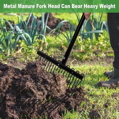 lukar 2 Sets Metal Manure Fork with Long Metal Handle, 18 Tines Manure Fork Head Horse Manure Rake, Heavy Duty Gardening Muck Rake for Picking Up Manure, Grass and Hay
