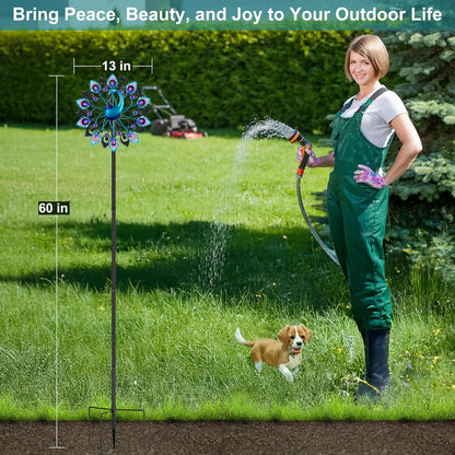 Wind Spinners Garden Decor for Outside, 13 Inches 360°Peacocks Windmill for Yard Decorations Outdoor, Metal Yard Art Wind Sculptures Garden Gifts for Women, Backyard, Patio, Lawn Ornament