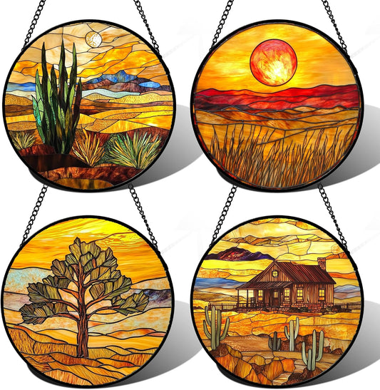 Stained Glass Window Hanging 4 Pcs Set Desert Sunset Theme Landscape 7.8" - Suncatcher Door Garden