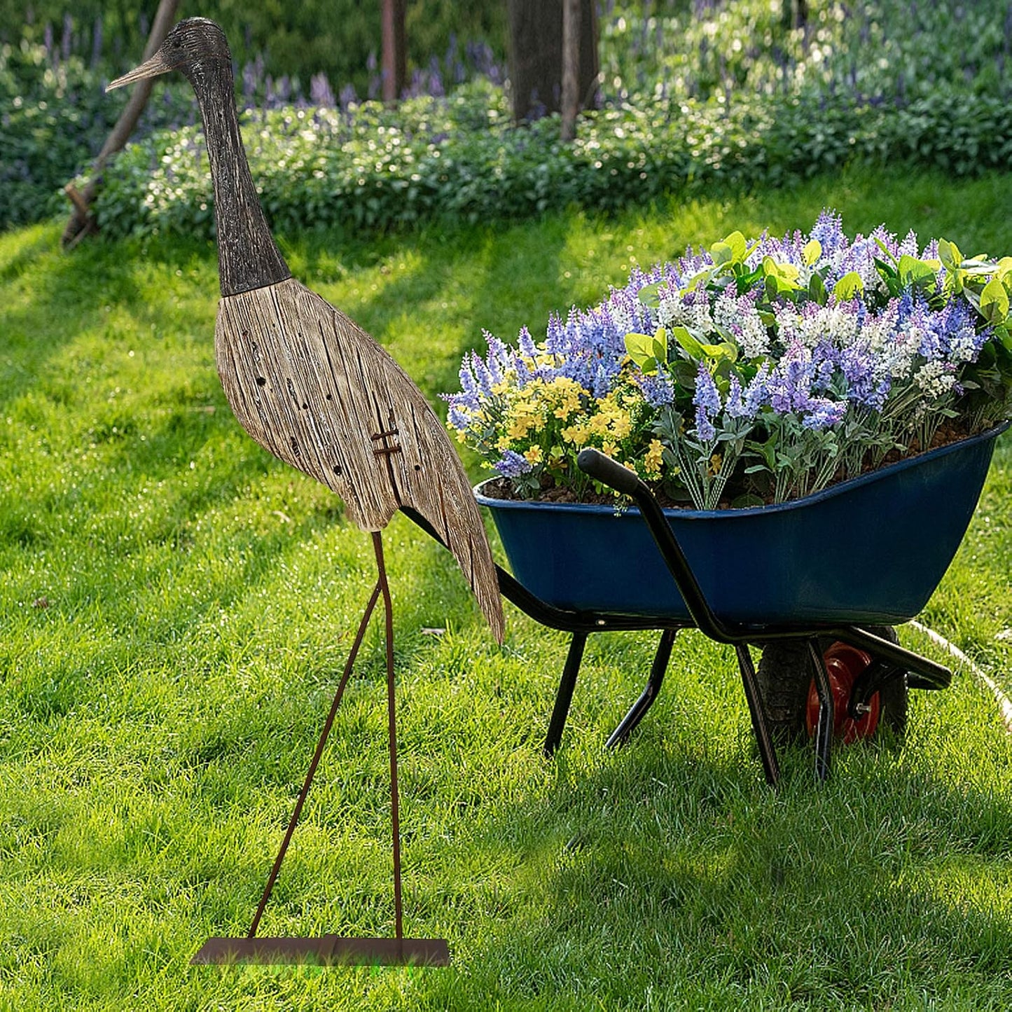 Morning View Wooden Crane Decor Wood Sea Birds Statue Bird Figurines Seabird Statue Standing Cranes Decorations Coastal Sculpture Nautical Beach Ocean Home Table Garden Yard Lawn Outdoor 31 Inch