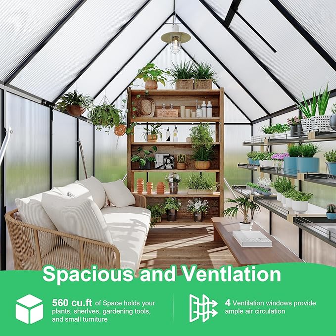 6'x7' Aluminum-Framed Polycarbonate Greenhouse, Heavy Duty Polycarbonate Greenhouse with Quick Setup Structure and Roof Vent, Large Enhanced Aluminum GreenhouseKit for Outdoors