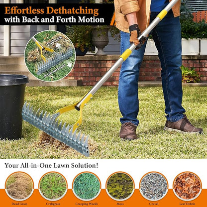 Thatch Rake for Lawns - 15in Dual-Action Dethatching Thatcher Rakes with 55'' Handle,Heavy Duty Manual Dethatcher & Scarifier Tool for Dead Grass,Moss,Weeds,Thatching Remover,Garden Yard Care Rake