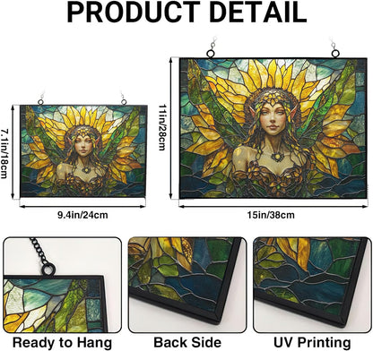 Customized Rectangle Art Nouveau Sunflower Elf Stained Glass Window Hanging Sun Catcher Halloween Haning Ornament Decoration Christmas Birthday Gifts for Lover Friends Mother Day