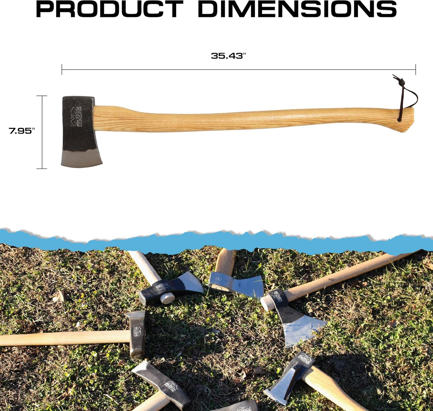 Prandi Axes Yankee C45 Forged Carbon Steel Hatchet - Hickory Handle with Leather String - Ideal for Firewood, Splitting, and Chopping - 35.43" L x 7.95" W, 1800g Head 3.086.18.TH
