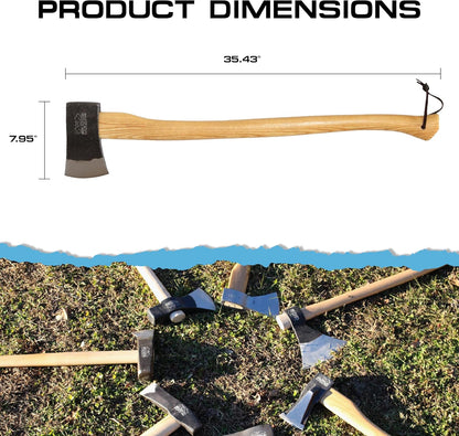 Prandi Axes Yankee C45 Forged Carbon Steel Hatchet - Hickory Handle with Leather String - Ideal for Firewood, Splitting, and Chopping - 35.43" L x 7.95" W, 1800g Head 3.086.18.TH