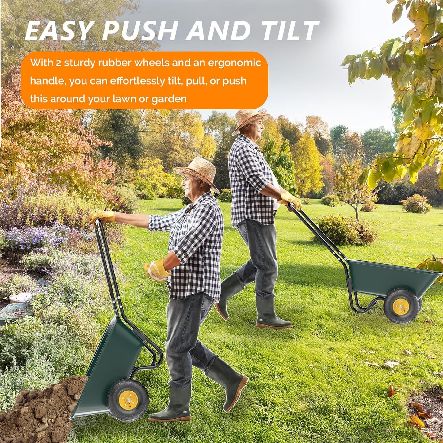 VINGLI 2 Wheel Wheelbarrow, Plastic and Steel Wheel Barrel, 300lbs Capacity Garden Cart for Lawn, Gardening, Construction