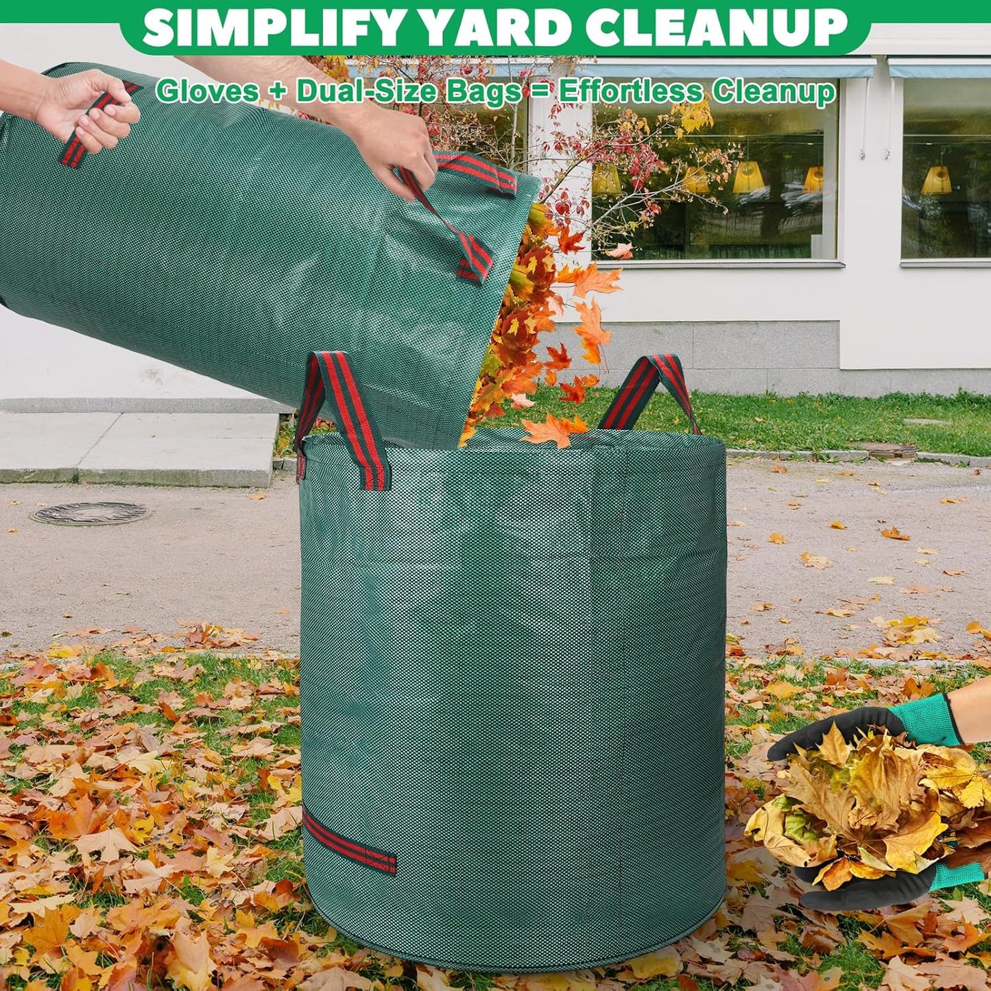 Reusable Yard Waste & Lawn and Leaf Bags with Gloves Pack - 72 & 32 Gallon Heavy Duty Lawn Trash Bags, Multi-Purpose: Garden Debris, Leaf Collection & Tool Storage, Collapsible for Easy Storage