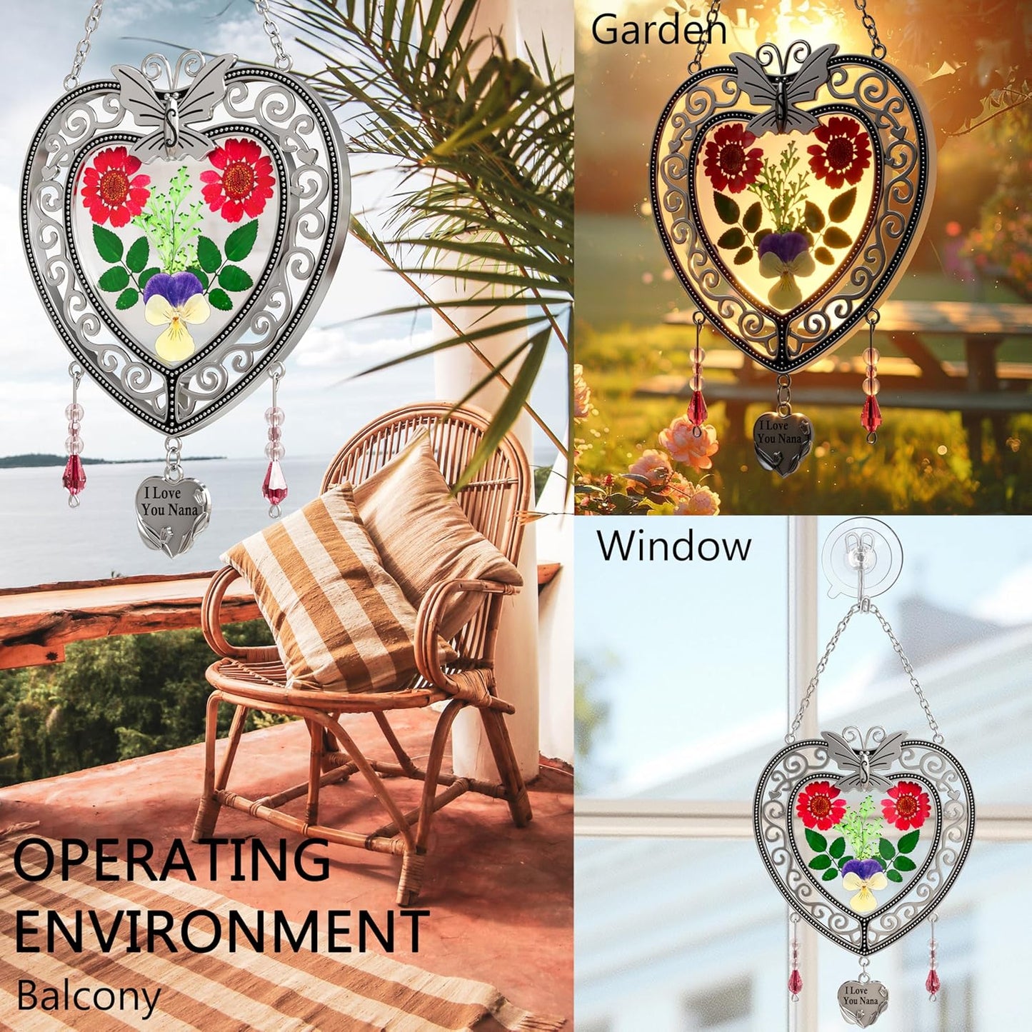 KY&BOSAM Heart Suncatchers I Love You Nana Tree of Life Stained Glass Panels Hangings for Windows Wind Chime Home Garden Outside Decor with Pressed Real Flower Heart in Glass Birthday Gifts for Women