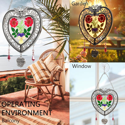 KY&BOSAM Heart Suncatchers I Love You Nana Tree of Life Stained Glass Panels Hangings for Windows Wind Chime Home Garden Outside Decor with Pressed Real Flower Heart in Glass Birthday Gifts for Women