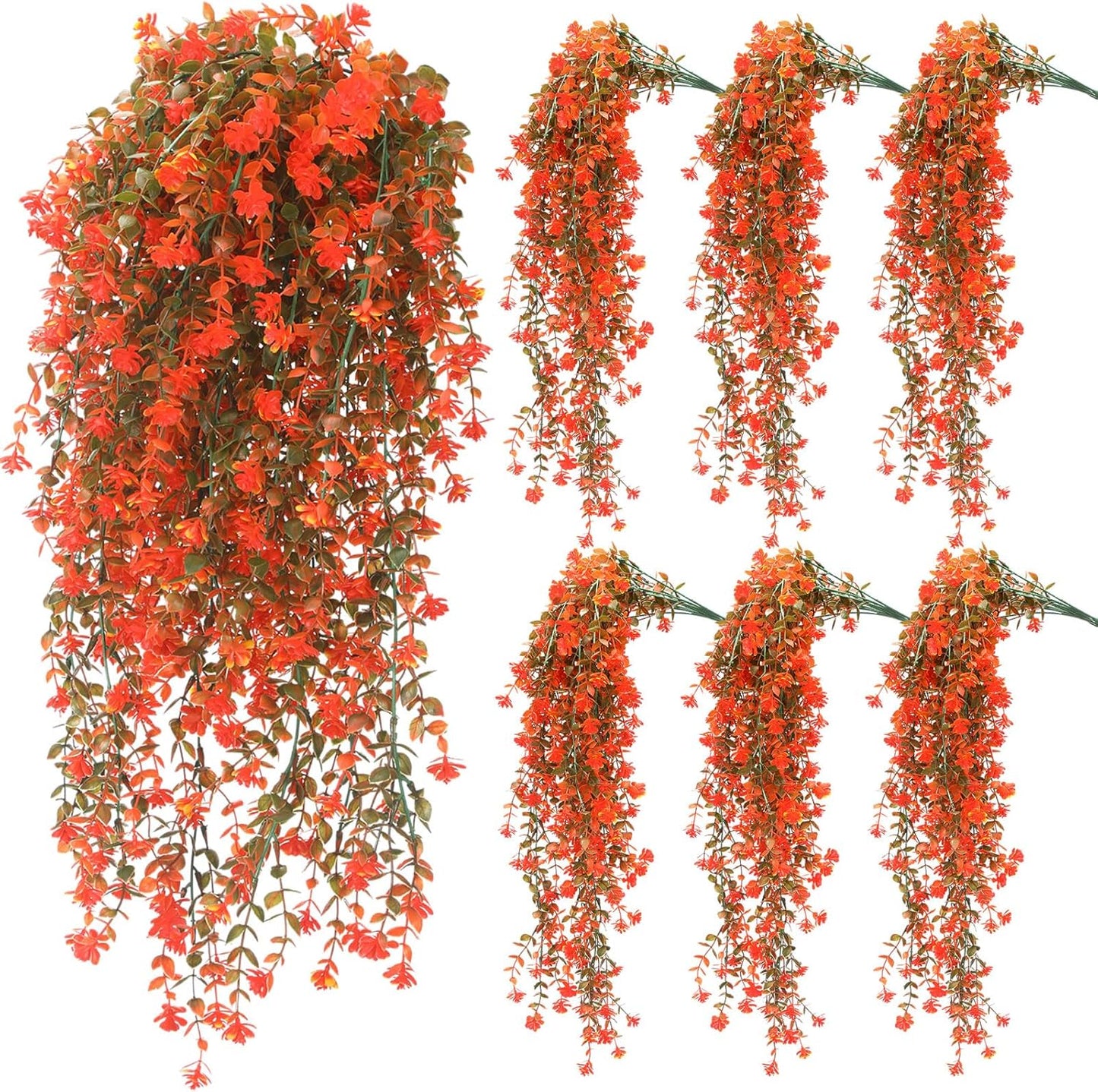 6 Pcs Artificial Fall Hanging Flowers Outdoor Silk Mum Plants Autumn Decor Faux Violet with Eucalyptus Realistic UV Resistant Trailing Vine Thanksgiving Porch Yard(Fresh Color,Plastic Style)