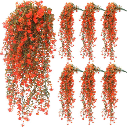 6 Pcs Artificial Fall Hanging Flowers Outdoor Silk Mum Plants Autumn Decor Faux Violet with Eucalyptus Realistic UV Resistant Trailing Vine Thanksgiving Porch Yard(Fresh Color,Plastic Style)