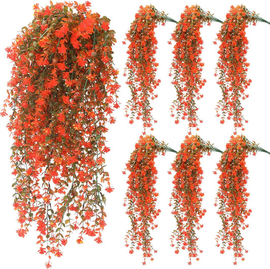 6 Pcs Artificial Fall Hanging Flowers Outdoor Silk Mum Plants Autumn Decor Faux Violet with Eucalyptus Realistic UV Resistant Trailing Vine Thanksgiving Porch Yard(Fresh Color,Plastic Style)