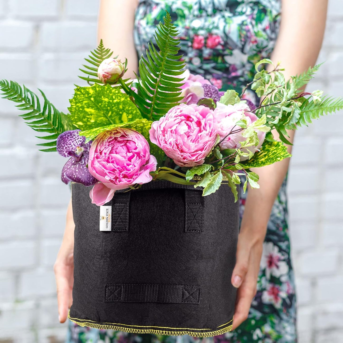 Grow Bags: 5-Pack (Size: 7 Gallon): 300gsm Black Felt Fabric w/Yellow Stitch, Biodegradable and eco-Friendly Material. (Handles + Dumping Handles-pat.Pend).