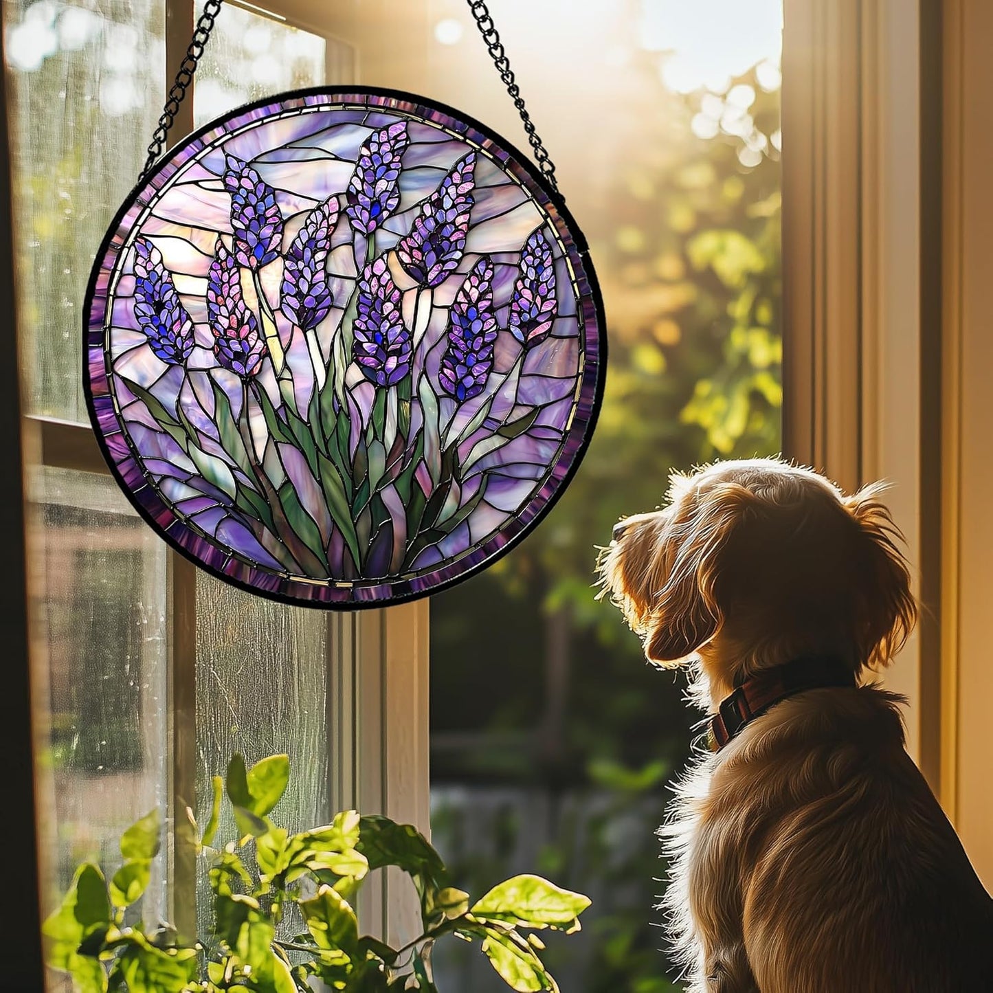 Stained Glass Window Hanging - Purple Flowers Suncatcher for Door Terrace Garden Home Decor Lavender Plant Floral Sun Catcher Birthday Gifts for Lovers Women Men Dad Mom Nana 7.8 in