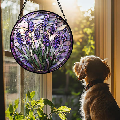 Stained Glass Window Hanging - Purple Flowers Suncatcher for Door Terrace Garden Home Decor Lavender Plant Floral Sun Catcher Birthday Gifts for Lovers Women Men Dad Mom Nana 7.8 in