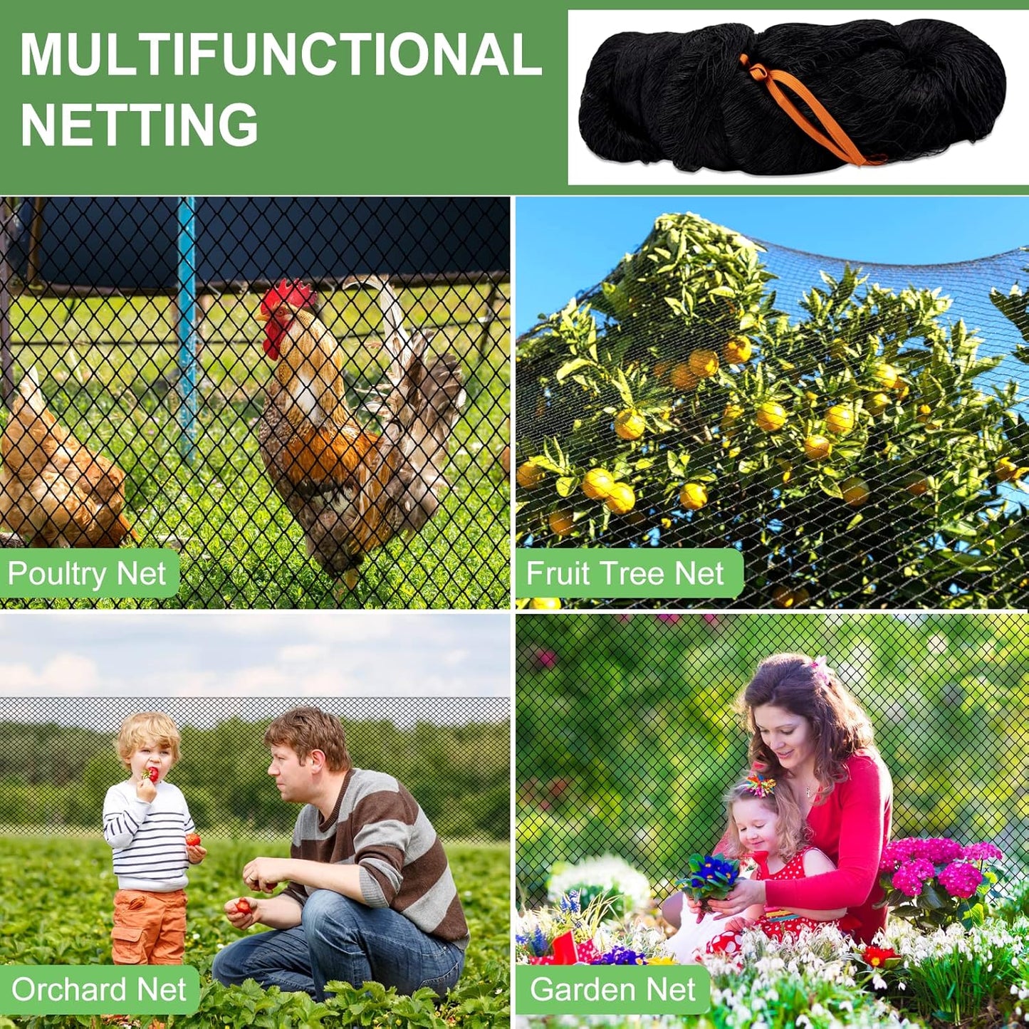 Bird Net - 50' x 50' Garden Netting with 2.4" Square Mesh Protect Fruit Tree, Plant & Vegetables from Poultry, Deer and Pests, Heavy Duty Tree Net for Garden, Farm, Orchard, etc.
