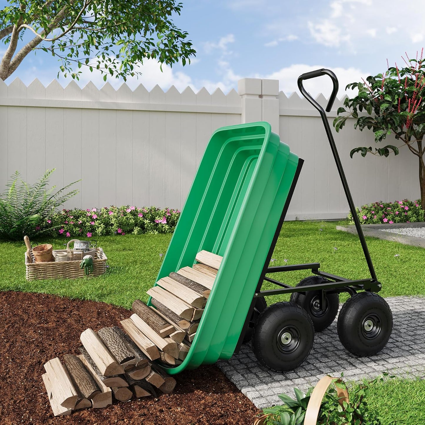 Garden Dump Cart, 6 Cu.Ft. 1200Lbs Garden Cart, Heavy-Duty 4 Wheel Wheelbarrow Yard Cart with 13-Inch All-Terrain Wheels, Features A Quick-Release Tipping Function, for Courtyards, Farm, Gardening
