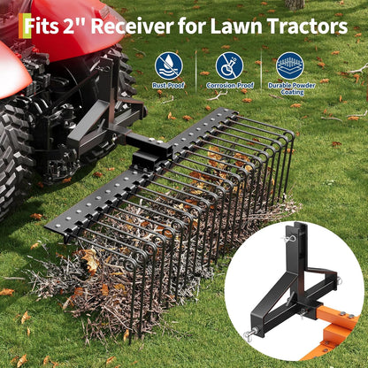 60 in Durable Pine Straw Rake, Steel Spring Landscape Rake Fits 2 in Receiver for Lawn Tractors or ATV/UTV, Black