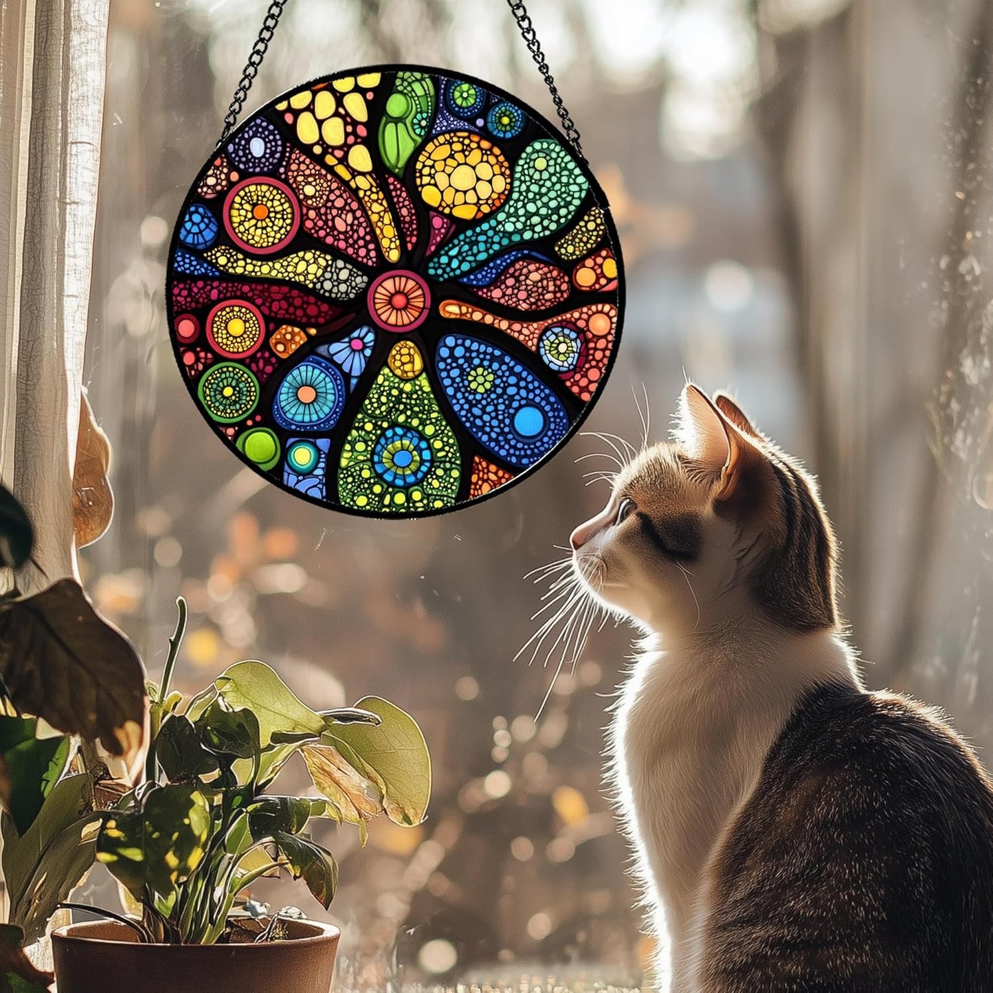 Stained Glass Window Hanging Colorful Abstract Plants 9.8" - Retro Boho Suncatcher Door Garden Sun Catcher Home Decor Birthday Christmas for Mom Men Woman Nana