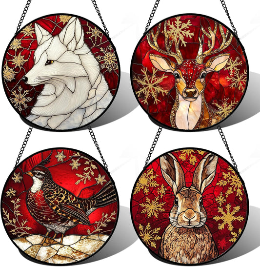 Stained Glass Window Hanging 4 Pcs Set Red Golden Snowflakes Large 11.8" - Christmas Elk Rabbit