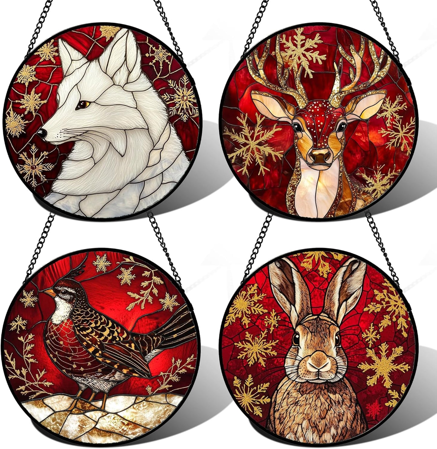 Stained Glass Window Hanging 4 Pcs Set Red Golden Snowflakes 6.3" - Christmas Elk Rabbit Suncatcher Door Garden Sun Catcher Decor Birthday for Mom Woman Nana Men